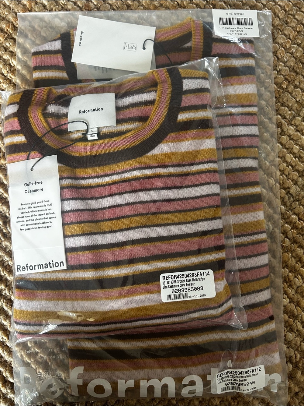 NWT • Reformation Lian Cashmere Crew Swester in Dried Rose Multi Stripe - Picture 3 of 8